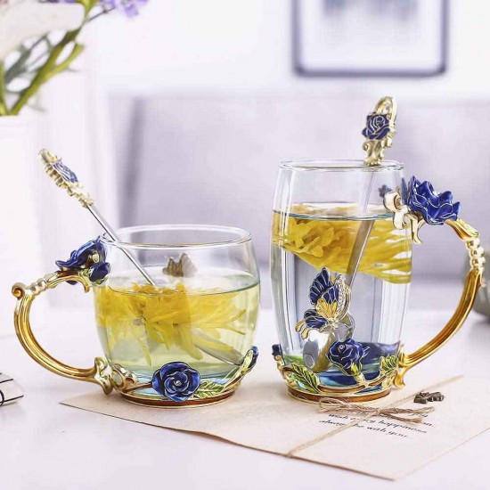 Enamels Butterfly Flower Clear Glass Tea Cup with Steel Spoon Set