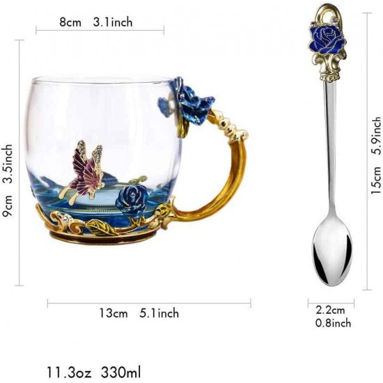 Enamels Butterfly Flower Clear Glass Tea Cup with Steel Spoon Set