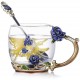 Enamels Butterfly Flower Clear Glass Tea Cup with Steel Spoon Set